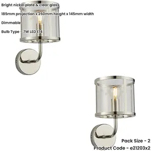 2 PACK Indoor Bright Nickel Plate Wall Light - Clear Glass Shade - Dimmable 7W LED E14