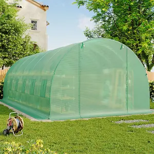 Green Walk In Steel Frame Garden Tunnel Greenhouse with Roll Up Door Windows, 6x3x2M