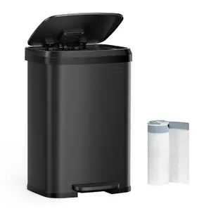 SONGMICS Kitchen Bin, Rubbish Bin, Metal Waste Pedal Bin with Lid, Tall and Large, Black