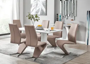 Imperia White High Gloss 6 Seater Dining Table with Structural 2 Plinth Column Legs And 6 Beige Faux Leather Willow Chairs