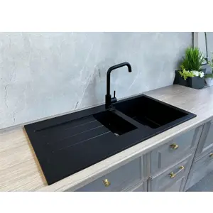 Liquida ELL15BL 1.5 Bowl Comite Reversible Inset Black Kitchen Sink With Wastes