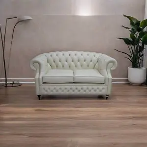 Chesterfield 2 Seater Cottonseed Cream Leather Sofa Bespoke In Buckingham Style