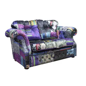 Chesterfield 2 Seater Sofa London Patchwork Multi Velvet Fabric In Era Style