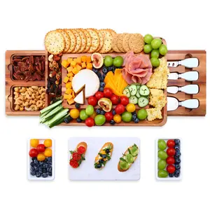 Cheese Board Set, Cheese Platter With 2 Slide-Out Drawers& Cutlery Set& Snack Plates& Marble Cheese Slate, Charcuterie Board For Serving