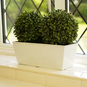 GreenBrokers Artificial Double Ball Boxwood in White Tin Window Box 35cm/14in