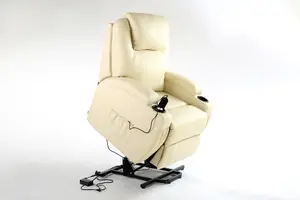 Rise Recliner Chair With Single Motor, Heat And Massage, Remote Control, Pocket Storage And Cup Holders In Cream Bonded Leather