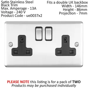 2 PACK 2 Gang Double UK Plug Socket SATIN STEEL & Black 13A Switched Outlet