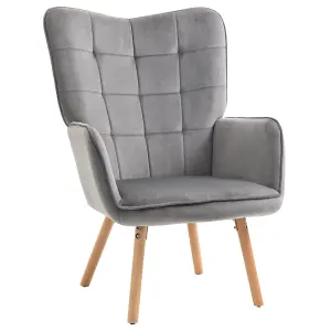 HOMCOM Accent Chair Velvet-Touch Tufted Wingback Armchair, Grey