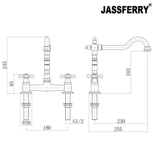 JASSFERRY French Bridge Mixer Tap Fixed 2 Hole Kitchen Sink Faucet Crosshead Handles Chrome