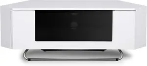 Homeology Hampshire Corner-Friendly Gloss White with Black Glass Beam-Thru Remote Friendly Door up to 50" Flat Screen TV Cabinet