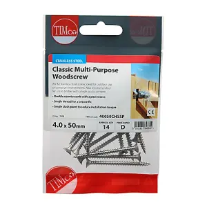 TIMCO Classic Multi-Purpose Countersunk A2 Stainless Steel Woodcrews - 4.0 x 50 (14pcs)