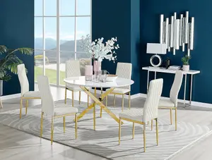 Furniturebox UK Novara White Gloss Gold Leg 120cm Round Dining Table & 6 Cream Velvet Milan Gold Leg Chairs