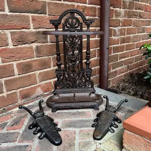 Cast Iron Umbrella Stand & Two Cast Iron Beetle Boot Jacks