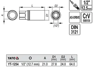 YATO  YT-1254, 1/2" drive sparkplug socket size 21mm, CrV steel, 6 point