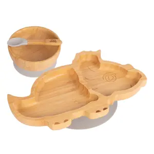 Tiny Dining - Children's Bamboo Suction Dinosaur Dinner Set - Grey