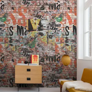 Grandeco Graffiti Wall 3 panel repeatable Textured Mural, 2.8 x 1.59m