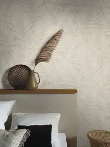 Galerie The New Design Book White/Greige Glitter Botanical Palm Leaf Design Wallpaper Roll