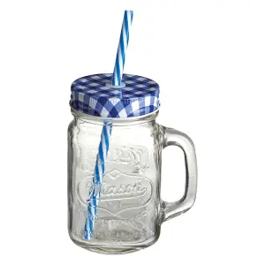 Interiors by Premier Versatile Embossed Coloured Mason Jar Mug With Blue Gingham Lid, Embossed Glass Bottle With Metal Lid