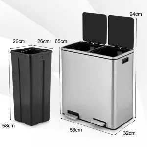 Costway 2x30L Recycling Pedal Bin Double Kitchen Waste Bin with Plastic Inner Buckets