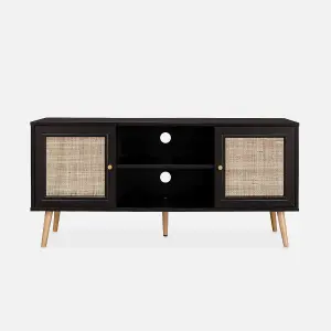 sweeek. 120cm TV stand with wooden and cane effect Boheme Black 120x39x56.5 cm