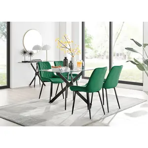 Lenworth Glass Rectangular Dining Table Set with 4 Luxury Velvet Chairs Green/Black / Black