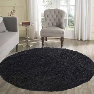 Wadan 120cm Black Circular Shaggy Rug - Modern Round Rug - Soft Touch Thick Pile Area Rug for Living Room and Bedroom