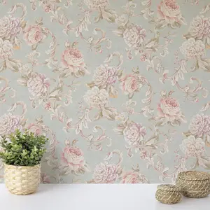 Seabrook Floral Rose Duck Egg Wallpaper Flowers Botanical Acrylic Coated Paper