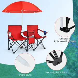 Costway Outdoor Portable Double Camping Chair Folding Picnic Chairs W/ Umbrella & Ice Bag