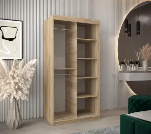 Stylish Oak Sonoma Pole Sliding Door Wardrobe W1000mm H2000mm D620mm - Mirrored Storage with Silver Handles