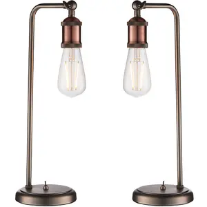 2 PACK Modern Hangman Table Lamp Aged Copper Pewter Industrial Arm Bedside Light