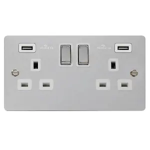 Flat Plate Polished Chrome 2 Gang 13A DP Ingot 2 USB Twin Double Switched Plug Socket - White Trim - SE Home