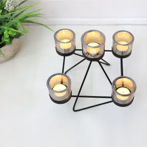 Tea Light Holder 5pc Amber Candle Jars with Metal Tealight Wooden Stand Decor