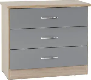 Nevada 3 Drawer Chest in Grey Gloss Light Oak Effect Veneer