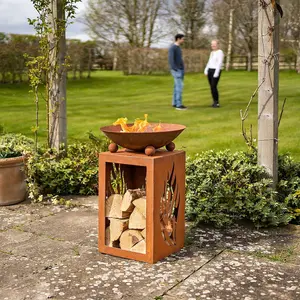 Fuego Fire Pit Bowl & Log Store - Weatherproof Outdoor Garden Wood Burner with Rust-Effect Finish & Cut-Out Design - H63 x 44cm