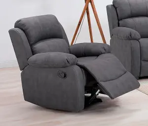 Alaska Grey Suede Fabric 3 Piece Sofa Suite Manual Reclining Armchairs + Static 3 Seater Seater Sofa High Back