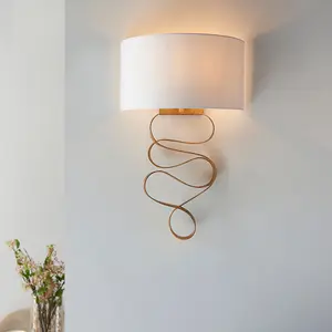 Gold Leaf Ribbon Wall Light & Ivory Half Shade - Dimmable - Hammered Metalwork