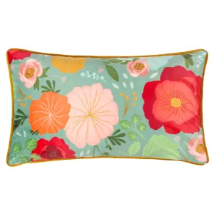 Kate Merritt Duck Egg Floral Piped Rectangular Polyester Filled Cushion