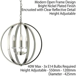 Hanging Ceiling Pendant Light Bright Nickel Globe Shade 3 Bulb Orb Loop Lamp