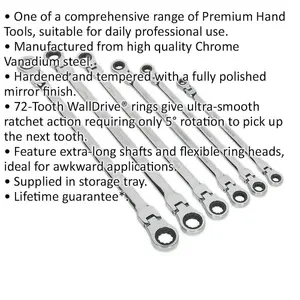 6-Piece Extra Long Flexible Head Ratchet Ring Spanner Set - Metric 12 Point