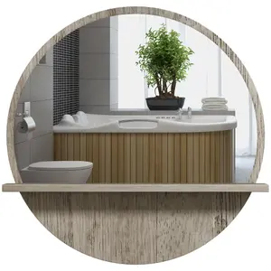 kleankin Round Mirror for Wall Makeup Mirror with Shelf Grey Wood Effect