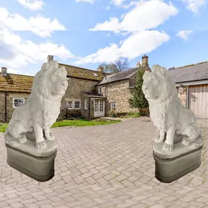 Pair of Giant Stone Cast Lion statues on Plinths 6 ft high, 1600 kg set