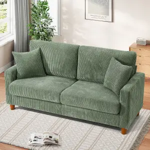 178cm Green Corduroy Couch, 3 Seater Sofa with Wood Legs, Deep Seat Sofa