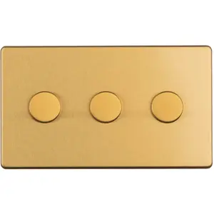 3 Gang Rotary Dimmer Switch 2 Way LED SCREWLESS SATIN BRASS Light Dimming Wall