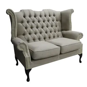 Chesterfield 2 Seater High Back Wing Sofa Charles Fudge Linen Fabric In Queen Anne Style