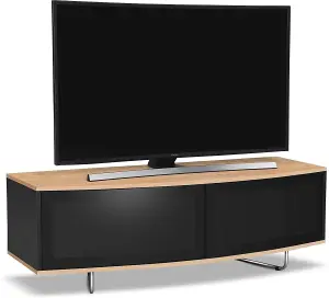 Homeology Caru Gloss Black and Oak Beam-Thru Remote Friendly Super-Contemporary "D" Shape Design up to 65" LED/OLED/LCD TV Cabinet