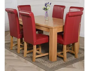 Dakota 152 x 87 cm Chunky Medium Oak Dining Table and 6 Chairs Dining Set with Washington Burgundy Leather Chairs