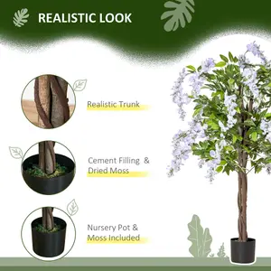 HOMCOM Artificial Realistic Wisteria Flower Tree Faux Plant for Indoor Décor