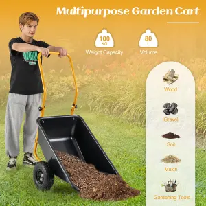 COSTWAY Dual-Wheel Wheelbarrow 80 L Volume Garden Utility Cart W/ Foldable Handle