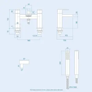 Square Over Head 3 Way Rigid Riser Shower Kit with Waterfall Bath Shower Mixer