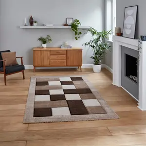 Beige Modern Bordered Chequered Geometric Rug For Dining Room-120cm X 170cm